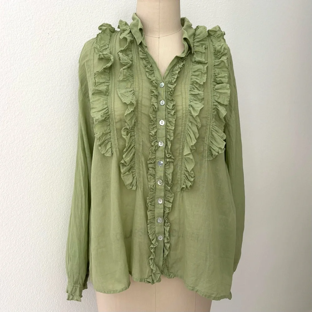JP and Mattie Cascade Ruffle Shirt NWOT Kiwi Green Cotton Ruffles Cottagecore L